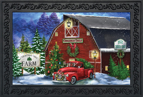 Briarwood Lane Christmas Tree Farm Pickup Doormat, colorful barn and truck festive seasonal display.