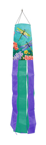 Briarwood Lane Dragonfly Garden Spring Windsock with floral scene, dragonflies, and standard flowers in purple, green.