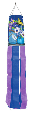 Briarwood Lane spring windsock with butterflies, pansies, and floral bouquet in a mason jar design.
