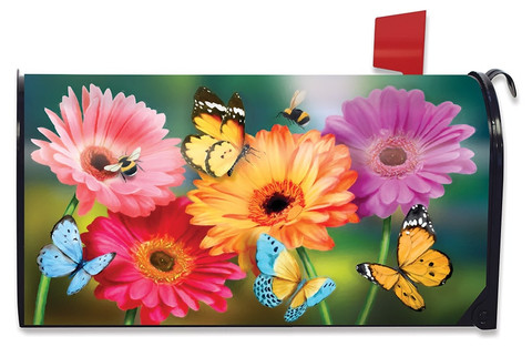 Briarwood Lane Garden Gerber Daisies spring mailbox cover with colorful butterflies and flowers design.