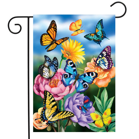 Briarwood Lane small printed garden flag with colorful butterflies and flowers for springtime porch display.