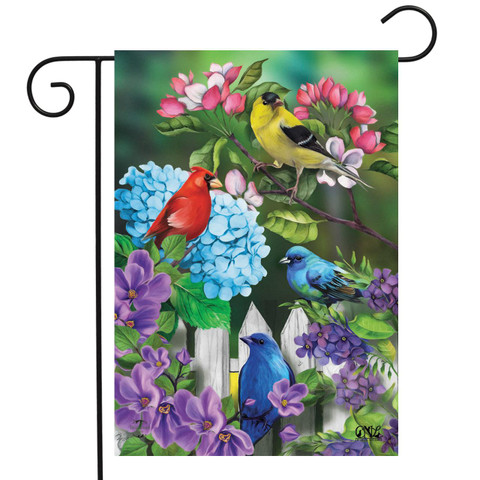 Briarwood Lane garden flag with cardinal, bluebird, goldfinch on colorful spring flowers and fence.