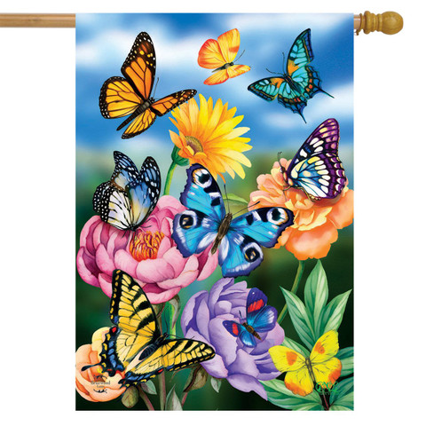 Briarwood Lane spring house flag with colorful butterflies and flowers for a cheery porch display.