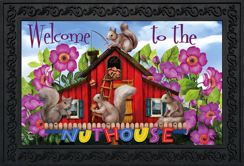 Briarwood Lane Spring Nuthouse Squirrels doormat with colorful, cheery design and bright floral pattern.