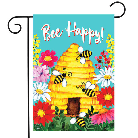 Briarwood Lane Bee Happy Hive spring garden flag with colorful flowers and cheerful bees design.