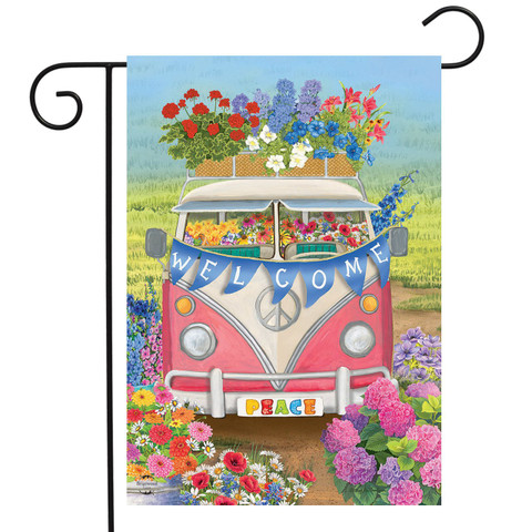 Briarwood Lane Peace Van Floral Spring Garden Flag with colorful flower and bus design on porch.