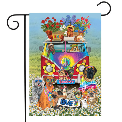 Briarwood Lane Groovy Pups Spring Garden Flag with colorful dogs and Volkswagon bus on decorative fabric.