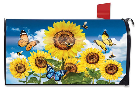 Briarwood Lane Sunflowers and Bees Summer Mailbox Cover, colorful printed decorative design with bright sunflowers.