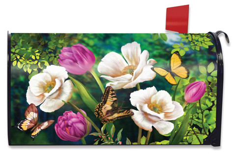 Briarwood Lane spring mailbox cover with colorful butterflies and poppies on a small printed decorative design.