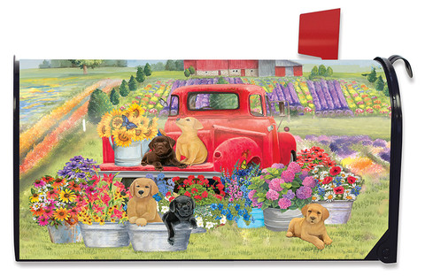 Briarwood Lane Spring Day Puppies mailbox cover with colorful, cheerful dogs and spring flowers design.