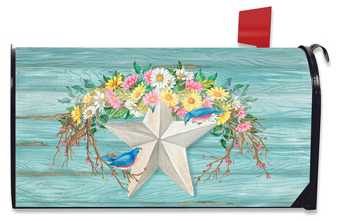 Briarwood Lane Spring Barnstar Primitive Mailbox Cover, colorful floral design with star and birds on teal background.