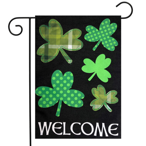 Briarwood Lane Shamrocks St. Patrick's Day burlap garden flag with green shamrocks and welcome text.