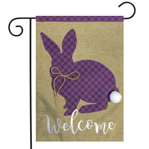 Briarwood Lane Cottontail Rabbit Spring Burlap Garden Flag with purple bunny and welcome text.