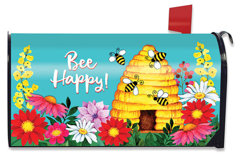 Briarwood Lane Bee Happy Hive spring mailbox cover with colorful printed flowers and cheery bees design.