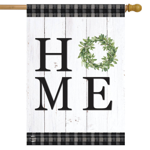 Briarwood Lane rustic double-sided home flag with green wreath and "HOME" text on white wood.