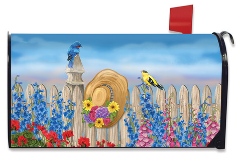 Briarwood Lane Green Thumb Spring Mailbox Cover with blue bird, goldfinch, flowers on wooden fence.