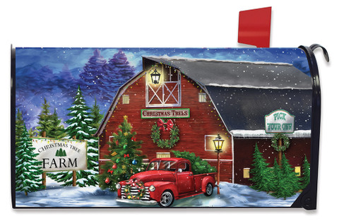 Briarwood Lane Christmas Tree Farm Pickup Mailbox Cover with colorful barn and festive seasonal design.