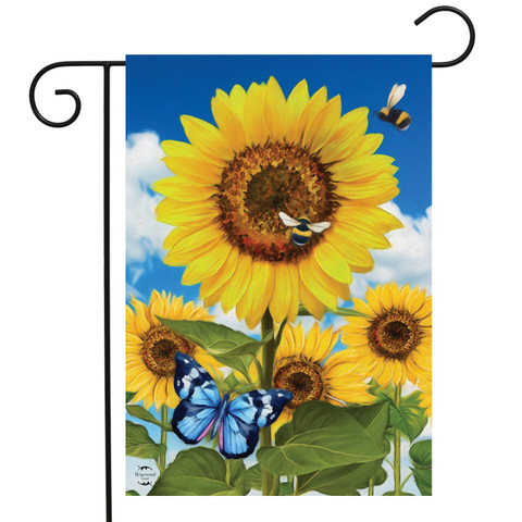 Briarwood Lane small printed garden flag with colorful sunflowers, bees, and butterfly for spring summer porch display.