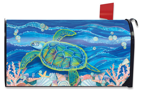 Briarwood Lane colorful sea turtle swimming in ocean waves on a small printed mailbox cover.