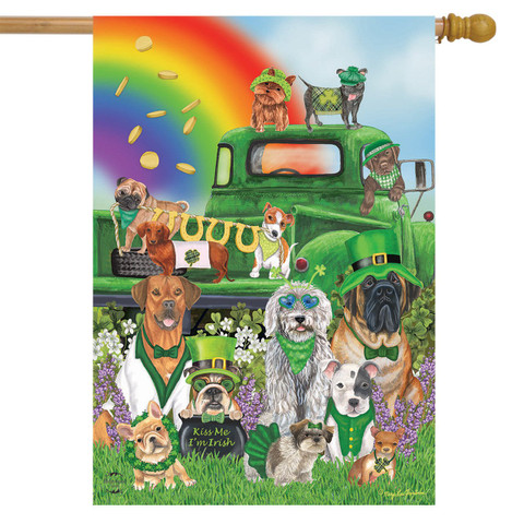 Briarwood Lane Lucky Pups St. Patrick's Day house flag with colorful dogs and shamrock design.