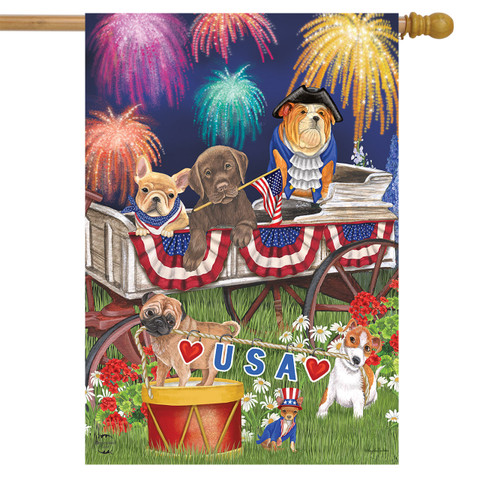 Patriotic Pups Fourth of July House Flag