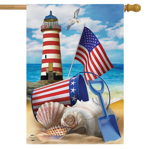 Briarwood Lane Sea To Shining Sea house flag with patriotic USA star spangled banner beach scene.