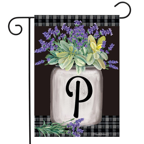 Briarwood Lane Farmhouse Monogram Letter P garden flag with colorful flowers and plaid border.