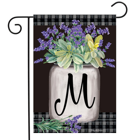 Briarwood Lane Farmhouse Monogram Letter M garden flag with colorful purple flowers and decorative design.