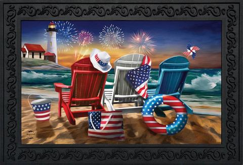 Briarwood Lane Beachfront Fireworks Summer Doormat with patriotic beach scene and fireworks display.