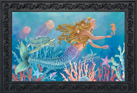 Briarwood Lane Mermaid Summer Doormat with turtle, sand, and ocean creatures on colorful decorative mat.