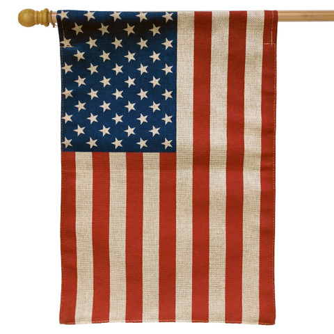 Briarwood Lane tea-stained American Flag House Flag with stars and stripes in red, white, and blue.
