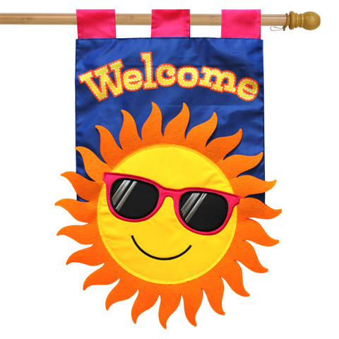 Briarwood Lane summer house flag with smiling sun wearing sunglasses and Welcome text on blue background.