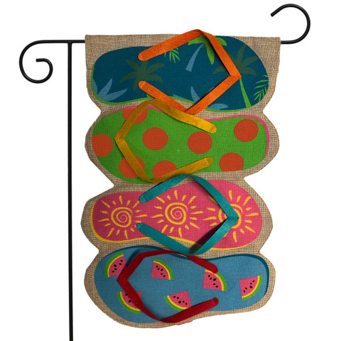 Briarwood Lane summer garden flag with colorful flip-flops, polka dots, sunshine, and watermelon design.