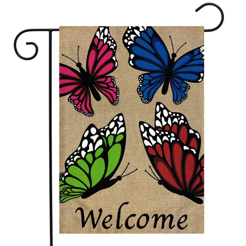 Briarwood Lane burlap garden flag with colorful butterflies and Welcome text on tan background.