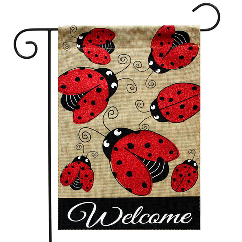 Briarwood Lane Ladybug Gathering Burlap Garden Flag with Welcome text and red ladybugs on beige background.