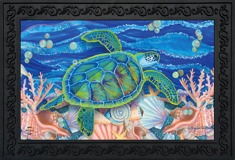 Briarwood Lane colorful sea turtle swimming underwater with coral and seaweed on Summer Doormat.