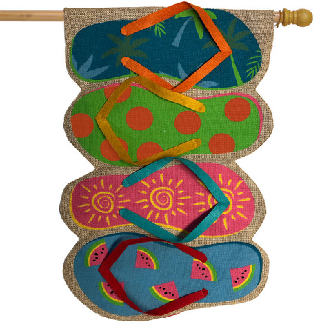Briarwood Lane summer house flag with colorful flip-flops, polka dots, sunshine, and watermelon designs.
