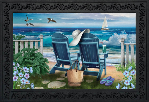 Briarwood Lane Seaside Escape Summer Doormat with nautical beach scene and adirondack chairs outdoor decor.