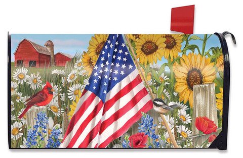 Briarwood Lane America the Beautiful mailbox cover with American flag, flowers, sunflowers, and patriotic design.