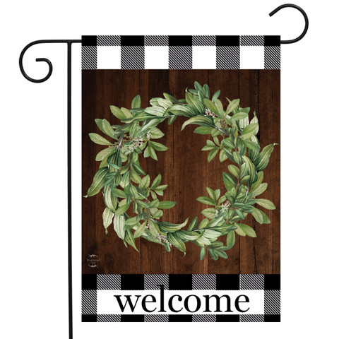 Briarwood Lane black and white checkered welcome garden flag with green wreath and everyday fall design.