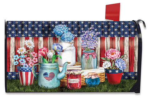 Briarwood Lane rustic magnetic mailbox cover with patriotic floral design for 4th of July celebrations.
