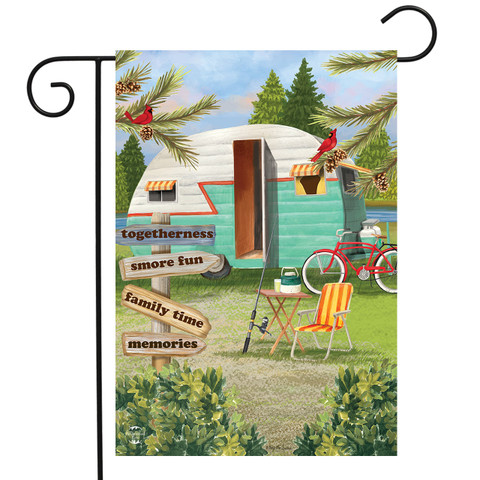 Briarwood Lane Woodsy Camper Garden Flag with cardinal, perfect for summer camping and family time.