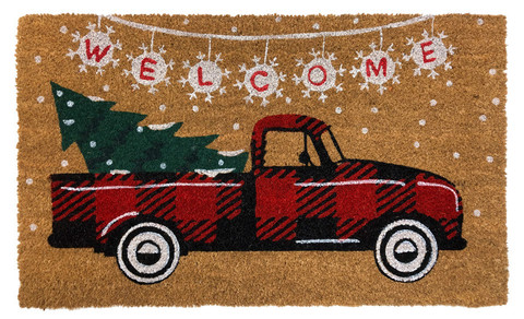Briarwood Lane Red Checkered Truck Christmas Natural Fiber Coir Doormat 18 x 30 with tree.