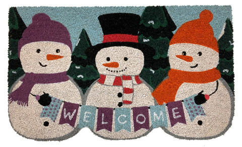Briarwood Lane Winter Snowmen Welcome Natural Fiber Coir Doormat 18 x 30 with colorful snowmen design.