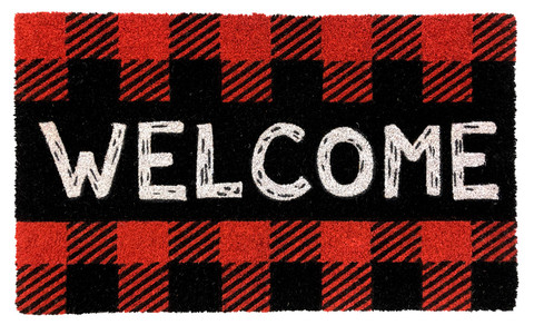 Red Checkered Welcome Natural Fiber Coir Doormat