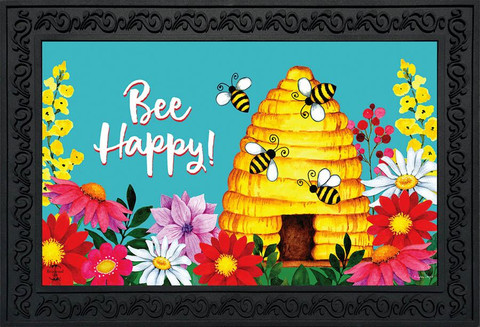 Briarwood Lane Bee Happy Hive small printed doormat with colorful springtime design and cheery flowers.