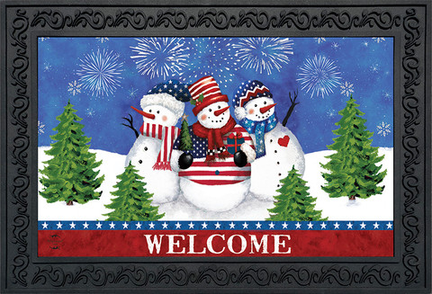 Briarwood Lane American Snowmen Winter Doormat with patriotic snowman trio and welcome text on indoor/outdoor floormat.