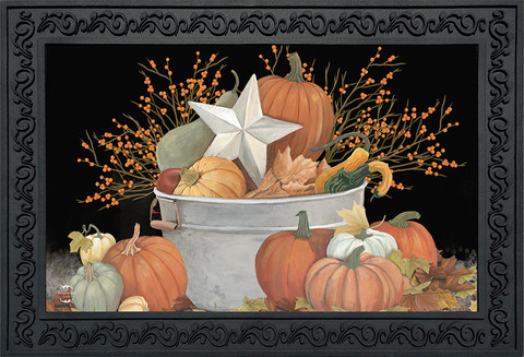 Briarwood Lane Fall Bushel Primitive Doormat with pumpkins, gourds, and barn star in tin bucket.