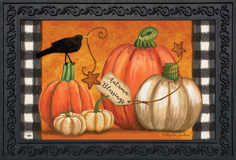 Briarwood Lane rustic doormat with colorful pumpkins, crows, and autumn blessings in a decorative frame.