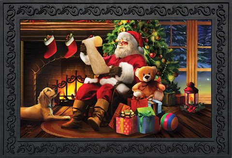 Briarwood Lane Naughty or Nice Christmas Doormat with Santa, dog, and teddy bear by fireplace indoors.